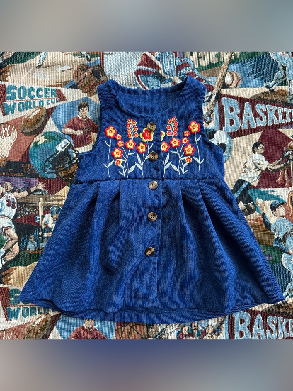 Vintage Baby Girl Blue Corduroy Floral Dress